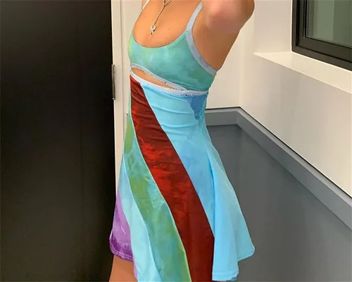 Vista 3 de Minivestido de retazos a rayas para mujer, Y2K, vintage, con tirantes delgados, ahuecado, acampanado, vestido de fiesta, ropa de calle