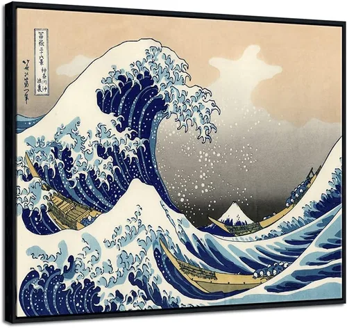 Vista 11 de Wieco Art Arte enmarcado de aluminio negro grande, 3 paneles, gran ola de Kanagawa, Katsushika Hokusai, impresiones en lienzo de arte de pared