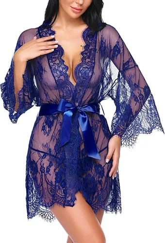 Vista 2 de Avidlove - Kimono de encaje para mujer, tipo babydoll, camisón de malla, lencería, bata, tallas S-5XL