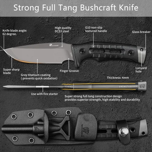 Vista 3 de HX OUTDOORS Cuchillo de Hoja Fija para Acampar con Iniciador de Fuego, Cuchillo de Supervivencia Bushcraft de Acero DC53 Premium con Espiga Completa