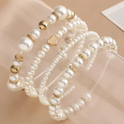 Vista 5 de Caiyao Juego de pulseras elásticas de perlas de imitación para mujer, multicapa con cuentas bohemias de semillas de arroz, hilo de perlas apilable
