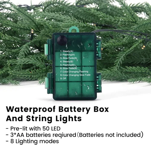 Vista 5 de Guirnalda de Navidad de pino Norfolk preiluminada de 6 pies con luces LED y control remoto – Guirnalda iluminada a pilas para repisa de chimenea