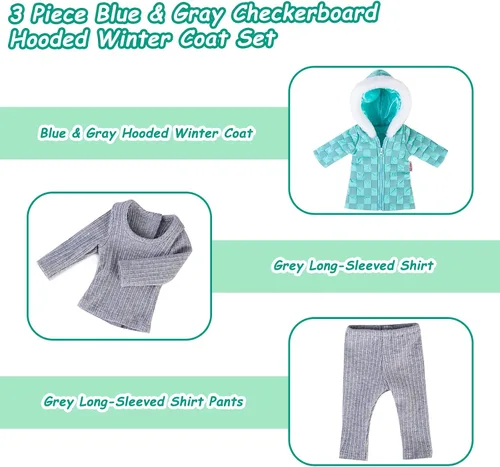 Vista 3 de Rakki Dolli Conjunto de ropa de muñeca de 3 piezas. Conjunto de abrigo grueso con capucha a cuadros azules y grises con manga larga, traje de muñeca
