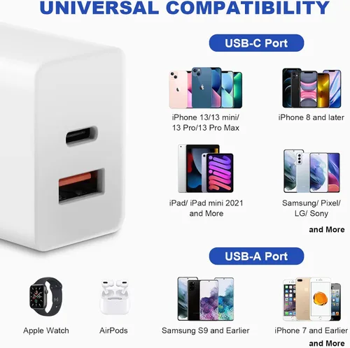 Vista 2 de Paquete de 2 cargadores de pared USB-C de 20 W, carga rápida USB-C y USB-A de doble puerto