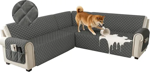 Vista 19 de Fundas impermeables para sofá seccional de esquina en forma de L, de terciopelo, juego de 6 piezas, funda en forma de U para sofá, para perros