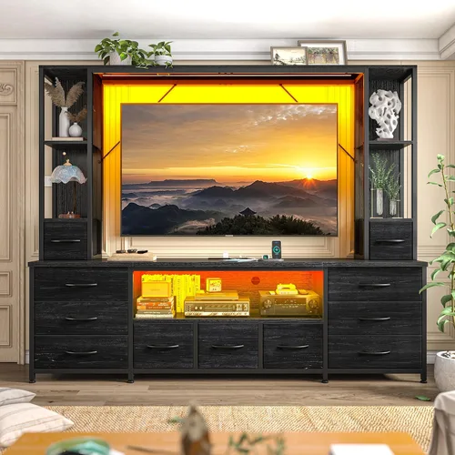 Vista 6 de EnHomee Soporte de TV de 65 pulgadas para sala de estar, gran centro de entretenimiento con 11 cajones de tela, 2 luces LED y tomas de corriente