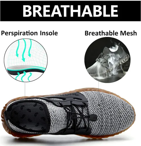 Vista 18 de SUADEX Zapatos deportivos con punta de acero para hombres y mujeres, indestructibles, ligeros, cómodos, antideslizantes, puntera compuesta