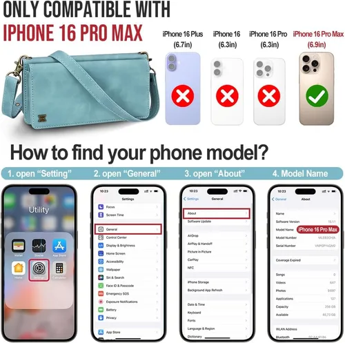Vista 2 de Funda tipo cartera para iPhone 16 Pro Max con 8 tarjeteros, bloqueo RFID, piel sintética, función atril, abatible, correa de muñeca y correa