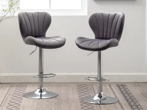Vista 12 de Shell - Juego de 2 taburetes de bar giratorios ajustables con chasis plateado, silla de bar de terciopelo con respaldo medio, taburete de encimera