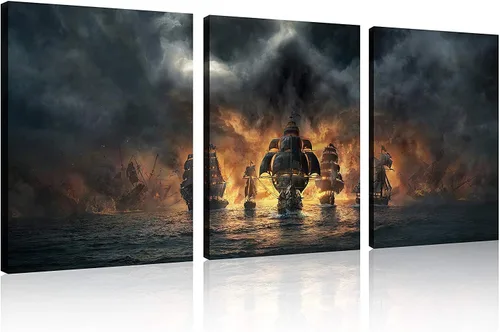 Vista 37 de TutuBeer 3 Piezas Arte de Pared Batalla Naval Barco Imagen Barco Pirata Velero Póster Barco Pirata Azul en Llamas Imagen Impresa en Lienzo Póster