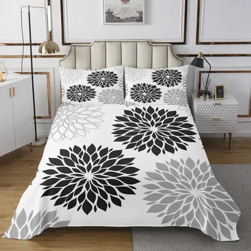 Vista 2 de Erosebridal Dahlia - Colcha floral de tamaño individual, colcha geométrica de flores para mujeres y hombres, color gris y negro, colcha botánica