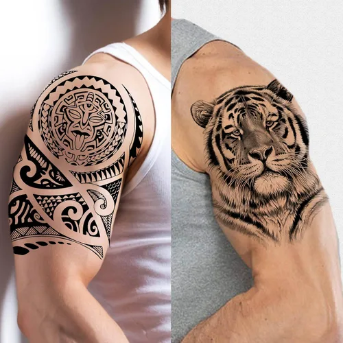 Vista 4 de 49 hojas de tatuajes temporales tribales negros para mujeres, hombres, adultos, brazo, cuerpo, de larga duración, lobo maorí, tigre, león, guerrero