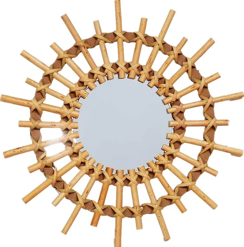 Vista 9 de OYPEIP Decoración de cristal colgante de ratán natural pequeño de 12 pulgadas, diseño rústico hecho a mano, innovador espejo de maquillaje redondo