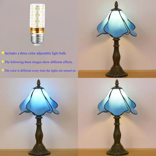 Vista 4 de Lámpara Tiffany Pequeña Mini Lámpara de Mesa de Vidrio Teñido Lámpara de Acento de Mesita de Noche Memoria Simpatía 8X14.5 Pulgadas (Azul)