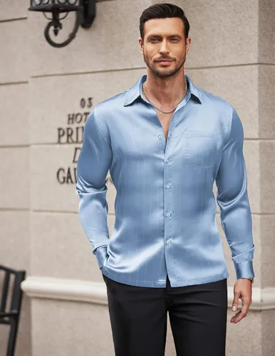 Vista 2 de COOFANDY Camisa de vestir de satén de lujo para hombre, de seda brillante, manga larga, con botones, para boda, fiesta, baile de graduación