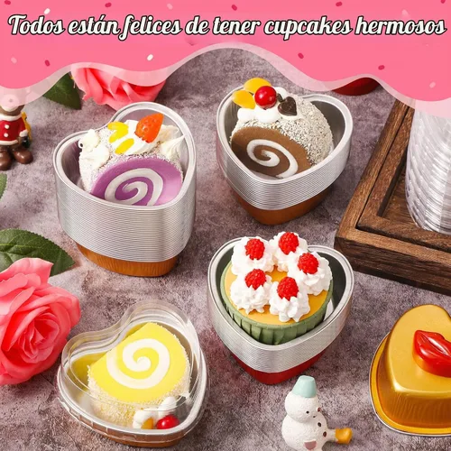 Vista 4 de Honeydak 100 juegos de moldes para hornear con forma de corazón, mini molde de aluminio de 3.4 onzas, lata desechable para cupcakes con tapas
