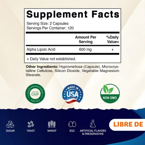 Vista 2 de Vitamatic Ácido Alfa Lipoico (ALA) 600mg Por Porción - 240 Cápsulas Vegetales - 120 Porciones - Sin OGM y Sin Gluten