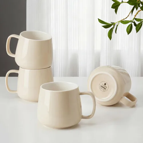 Vista 13 de Teocera Juego de 4 tazas de café de cerámica de 12 oz con asas grandes para bebidas calientes o frías como café con leche, cacao, té o jugo Beige