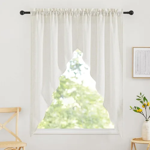 Vista 61 de RYB HOME - Cortinas de café de 24 pulgadas de largo, cortinas cortas de lino traslúcidas para ventana pequeña, cortina de media privacidad con Angora