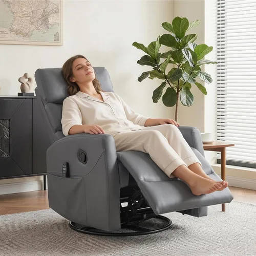 Vista 2 de SoarFlash Mecedora reclinable giratoria de 360°, mecedora con masaje de calor y vibración, silla de piel sintética para sala de estar, espacios