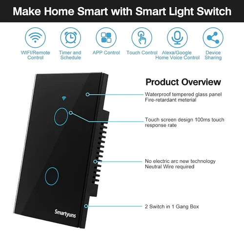 Vista 4 de Interruptor de luz táctil inteligente WiFi, 2 cuadrillas, estándar de EE. UU., panel de vidrio templado, función de temporizador, un solo polo