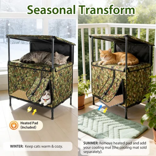 Vista 2 de Casa para gatos al aire libre, resistente a la intemperie, con dosel, refugio exterior para gatos, cubierta de techo y soporte elevado, casa