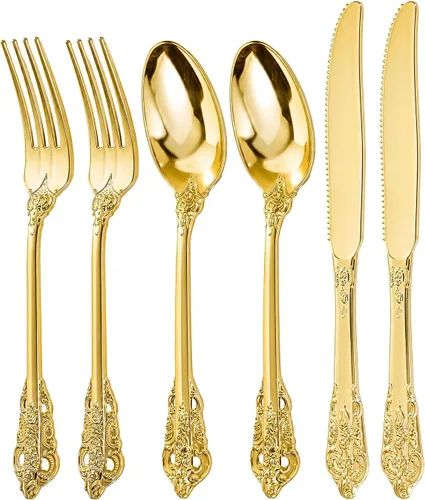 Vista 14 de bUCLA 600 cubiertos de plástico dorado – Utensilios dorados desechables – Juego de cubiertos de plástico resistente – 200 tenedores, 200 cucharas