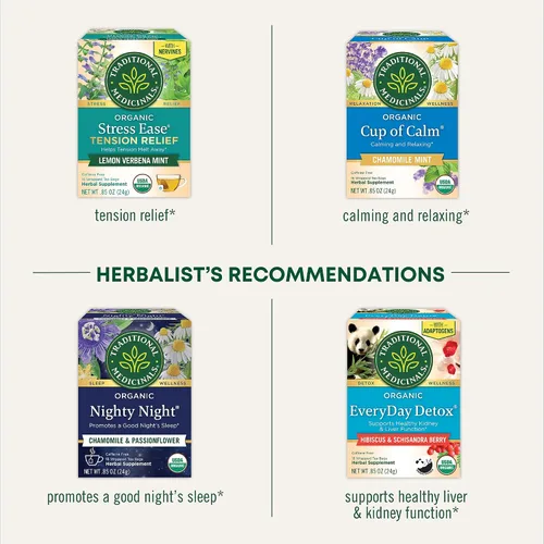 Vista 6 de Traditional Medicinals Orgánico, Stress Ease Calm con Adaptógenos, Ashwagandha y Honeybush - Promueve la Relajación - Kosher, Sin OGM, Sin Cafeína