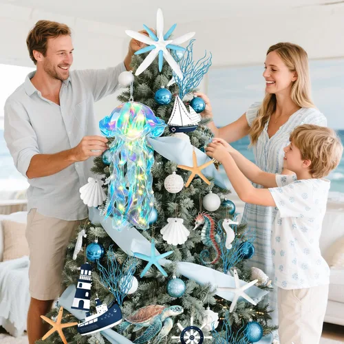 Vista 5 de MOVINPE Juego de adornos costeros para árbol de Navidad, decoración colgante de vacaciones con decoración para colgar en el árbol, faroles
