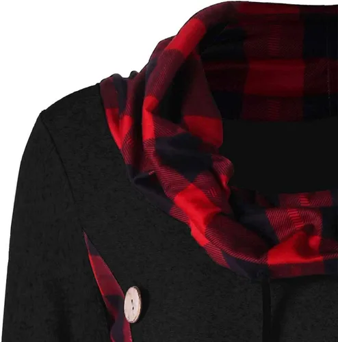 Vista 4 de Sudadera larga con capucha para mujer, casual, manga larga, cuello redondo, a cuadros, con botones, ajustada, con cordón, Negro
