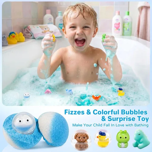 Vista 3 de Bombas de baño para niños con sorpresa en el interior, paquete de 24 bombas de baño para niños con juguetes en el interior, juego de regalo de baño