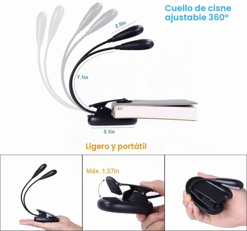 Vista 4 de Lámpara recargable con soporte para música, luz de lectura con clip, lámpara de libro de 8 LED, 3 niveles de brillo para protección ocular, perfecta