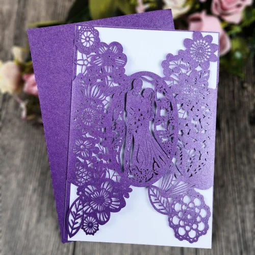 Vista 4 de FOMTOR Juego de 40 tarjetas de invitación de boda cortadas con láser azul con sobres, insertos y sellos, para boda, despedida de soltera, baby