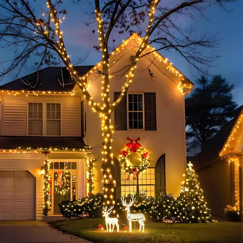 Vista 7 de Cadena de luces LED, 300 LEDs, 9.1 m/100 pies de luces de Navidad blancas cálidas impermeables con control remoto, cable transparente