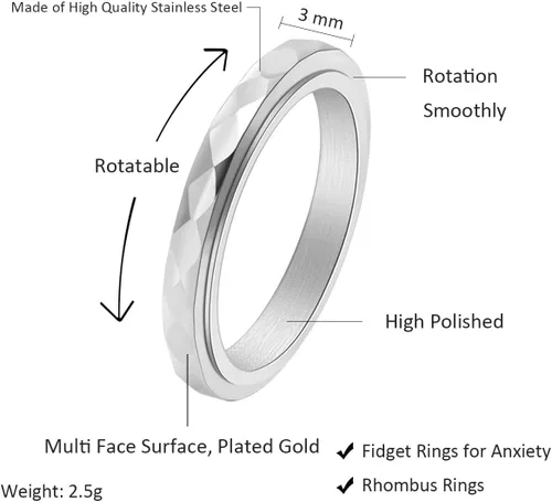 Vista 2 de Nanafast Anillos de ansiedad de acero de titanio de 0.118 pulgadas para mujeres y hombres, anillos multifacéticos para ansiedad, anillos giratorios