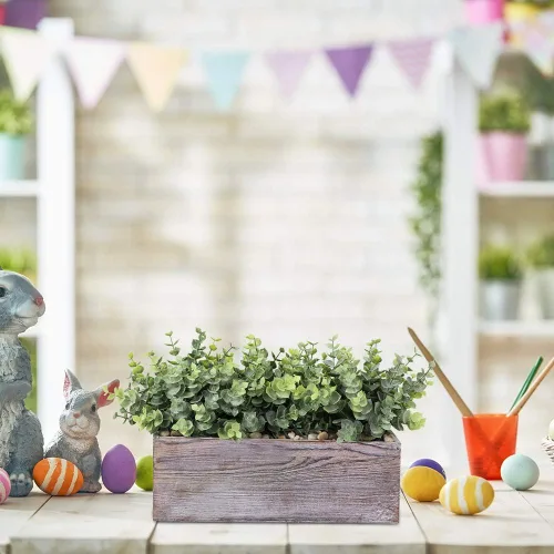 Vista 8 de Winlyn Plantas de eucalipto sintético en maceta de madera rectangular rústica, arreglo de vegetación de eucalipto artificial, planta en maceta