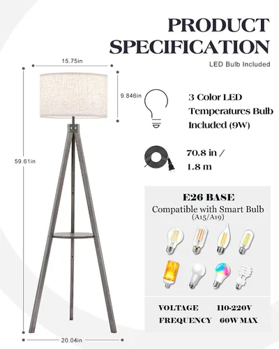 Vista 5 de ELYONA Lámpara de pie con trípode de madera estilo granja con mesa, lámpara de pie de lectura moderna con 3 temperaturas de color, bombilla LED