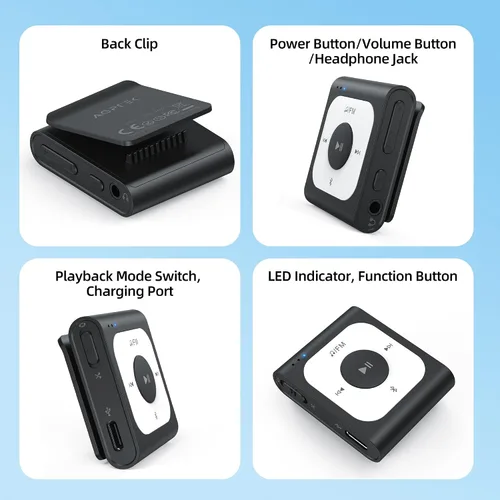 Vista 8 de AGPTEK Reproductor MP3 de clip de 16 GB con Bluetooth, A53PL reproductor de música portátil con radio FM, barajar, no necesita teléfono