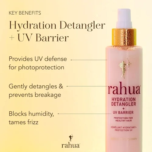 Vista 2 de Rahua Desenredante de hidratación + barrera UV, espray sin enjuague para todo tipo de cabello, protector térmico vegano y niebla antiencrespamiento