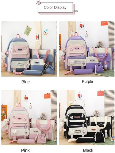 Vista 6 de DAHUOJI Juego de 5 mochilas estéticas Kawaii para niñas escolares con colgantes y alfileres, estuche para bolígrafos, bolsa de mano, bolsa pequeña