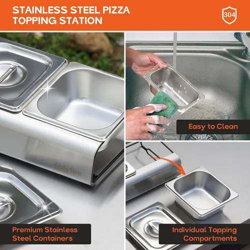 Vista 3 de Onlyfire Estación de Ingredientes para Pizza, Recipientes de Condimentos y Especias de Acero Inoxidable con Tapa y Bandejas de 5 Compartimentos