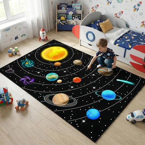 Vista 18 de Alfombra espacial para habitación de niños, alfombra de galaxia para niños, alfombras espaciales para dormitorio de niños, decoración