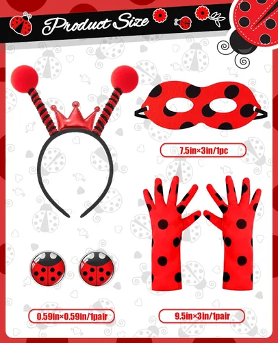 Vista 2 de Disfraz de mariquita para mujeres y niñas, con antena de mariquita, diadema, máscaras, accesorios para adultos, niños, disfraz de Halloween