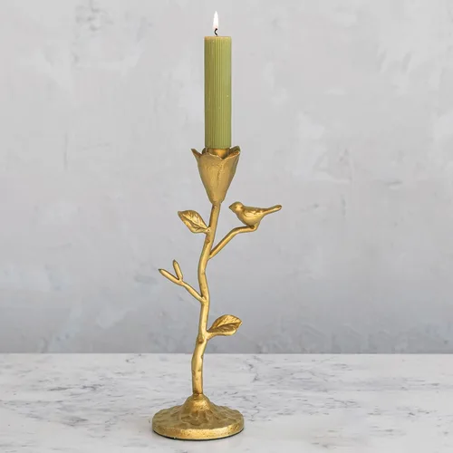 Vista 3 de Creative Co-Op Candelabro de hierro fundido forjado a mano con flores y pájaro, dorado