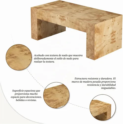 Vista 3 de COZAYH Mesa de café moderna de madera con acabado en buril, patas gruesas, mesa central rectangular para sala de estar, diseño elegante