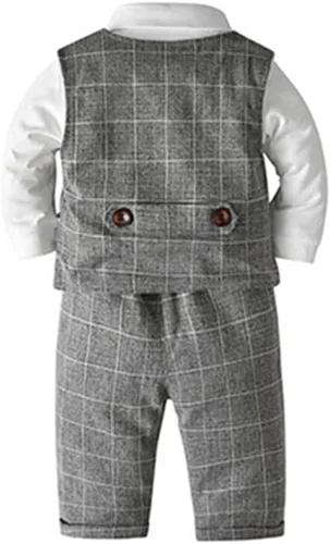 Vista 13 de IDOPIP Trajes de otoño e invierno para niños pequeños, camisa de manga larga con corbatín + chaleco + pantalones largos, overoles