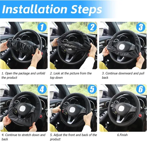 Vista 4 de Funda universal de microfibra para volante de automóvil, de piel sintética, elástica, 15 pulgadas, costuras de color, antideslizante, protector