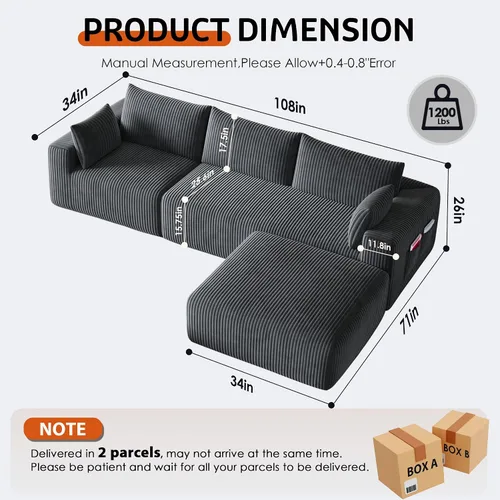 Vista 2 de Sofá modular en forma de nube de 108 pulgadas para sala de estar, sofá sin hueso en forma de L con diván de asiento profundo, no requiere montaje
