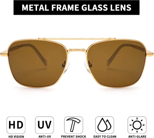 Vista 2 de JIM HALO Gafas de sol retro cuadradas estilo aviador con lente de cristal de alta calidad, gafas planas de metal para hombres y mujeres