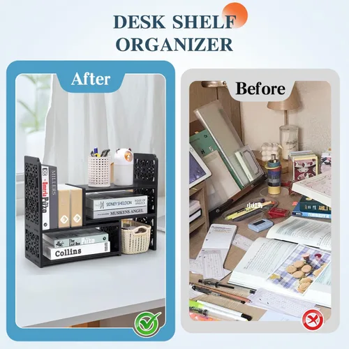 Vista 5 de EARTHSON Estante organizador de escritorio, estantería expandible para escritorio, estantería de escritorio pequeña, mini estantes ajustables